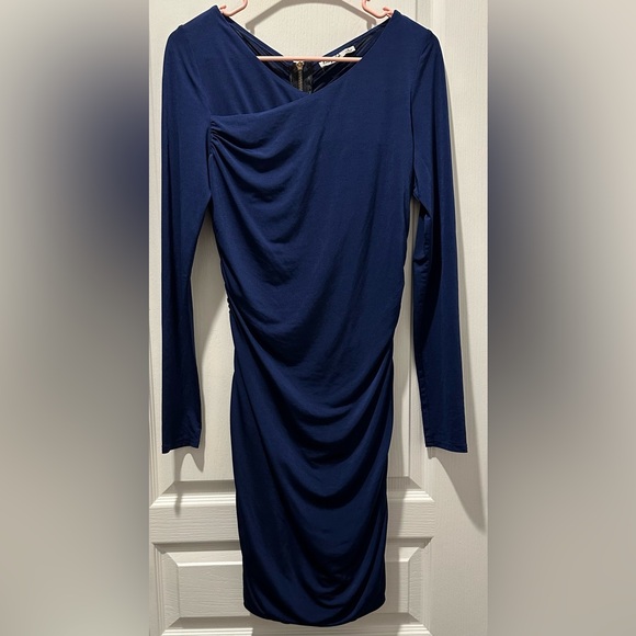 Eliza J. Long Sleeve Drape Front Ruched Back Jersey Bodycon Dress in Cobalt Blue - Picture 2 of 10
